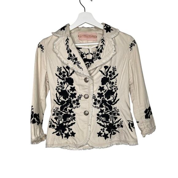 Vintage Y2K Miss Me Ivory/Black Denim Floral Embroidered Blazeer Jacket Size S - Picture 1 of 8